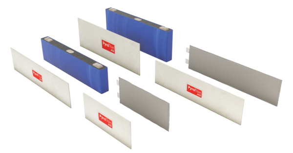 PyroThin aerogel cell barriers between prismatic and pouch modules in various sizes and chemistries