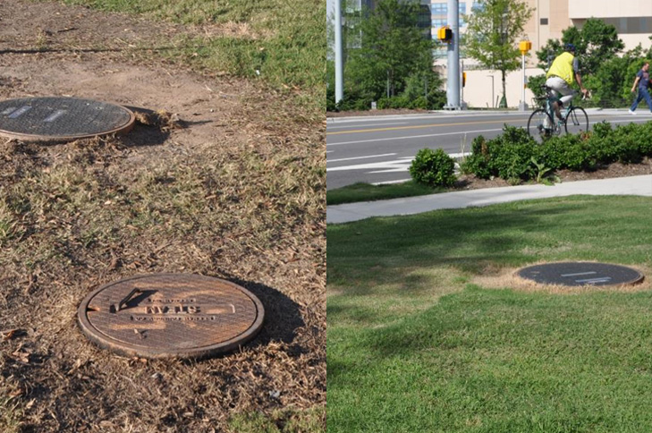 Before and after photos of manhole covers on campus
